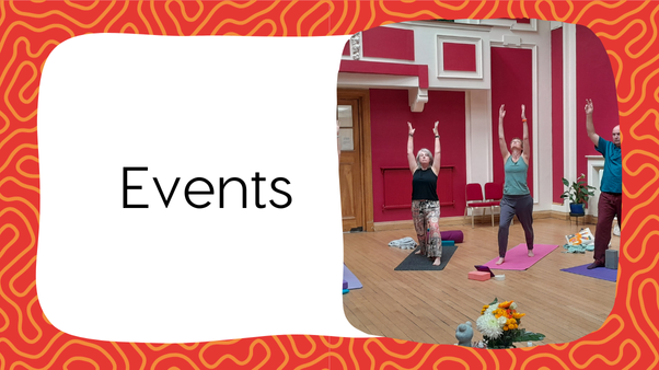 Events 602 x 338px Fat Frog Yoga & Mindfulness branded graphic with red and orange swirling background. There is a large white text box with text to the left that reads: Events. And a rectangular image to the right of a group of people doing the Warrior 1 yoga pose in a semi-circle. They are in a room with red walls and a bunch of yellow and orange flowers right in front of the camera.