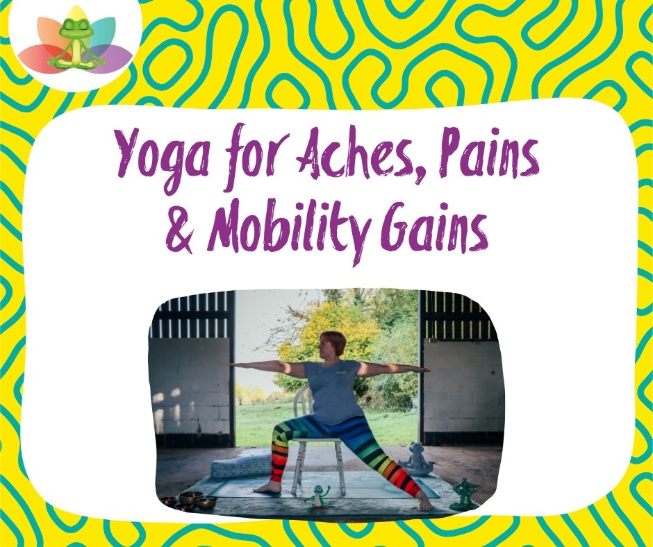Fat Frog Yoga & Mindfulness branded graphic with a yellow and blue swirling background and the frog logo in the top left corner. A white text box dominates the graphic with text that reads: Yoga for Aches, Pains & Mobility Gains and an oblong image below of Fay, a white female with short ginger hair doing the Warrior 2 yoga pose on a chair. She is wearing a grey t-shirt and rainbow striped leggings and is on a green yoga mat inside but in front of an open door to fields and green trees.