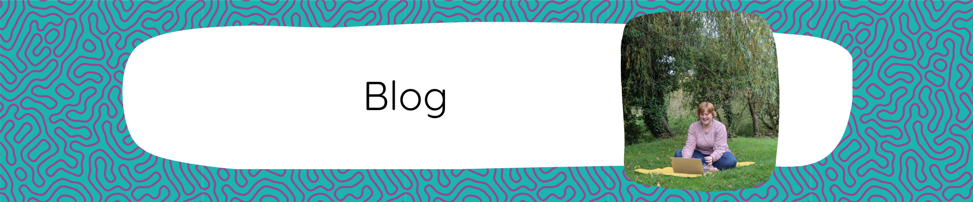 Header - Blog Fat Frog Yoga & Mindfulness branded graphic with a blue and purple swirling background. There is a white box in the centre with the word "Blog" in the centre. To the right of the text is a rectangular image of Fay, a white female with short ginger hair wearing a pink jumper. She is sat on a yellow yoga mat in the middle of a field looking at a laptop and smiling.