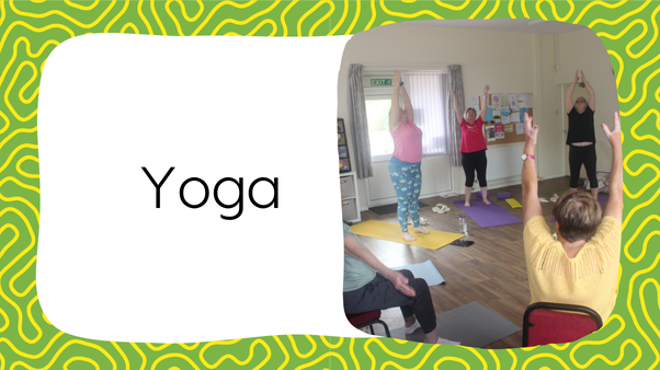 Yoga 602 x 338px Fat Frog Yoga & Mindfulness branded graphic with a green and yellow swirling background. There is text in a white box to the left that reads "Yoga". To the right is a photograph of a number of people doing the Upward Salute yoga pose, some standing and some seated