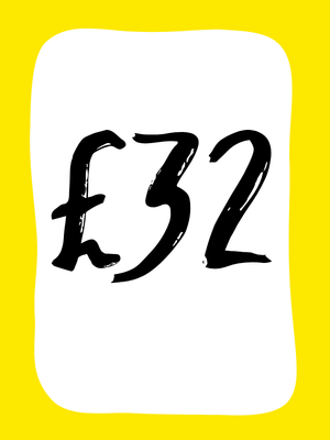 Yellow background with a large white text box in which reads the price £32