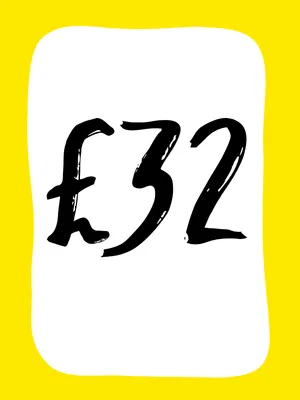 Yellow background with a large white text box in which reads the price £32