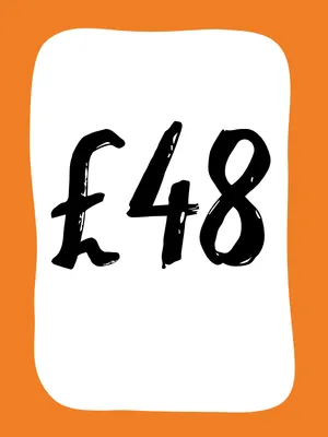 Orange background with a large white text box in which reads the price £48