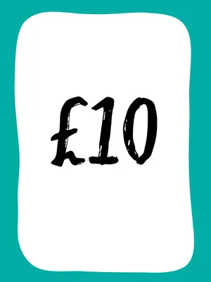 Teal blue background with a large white text box in which reads the price £10